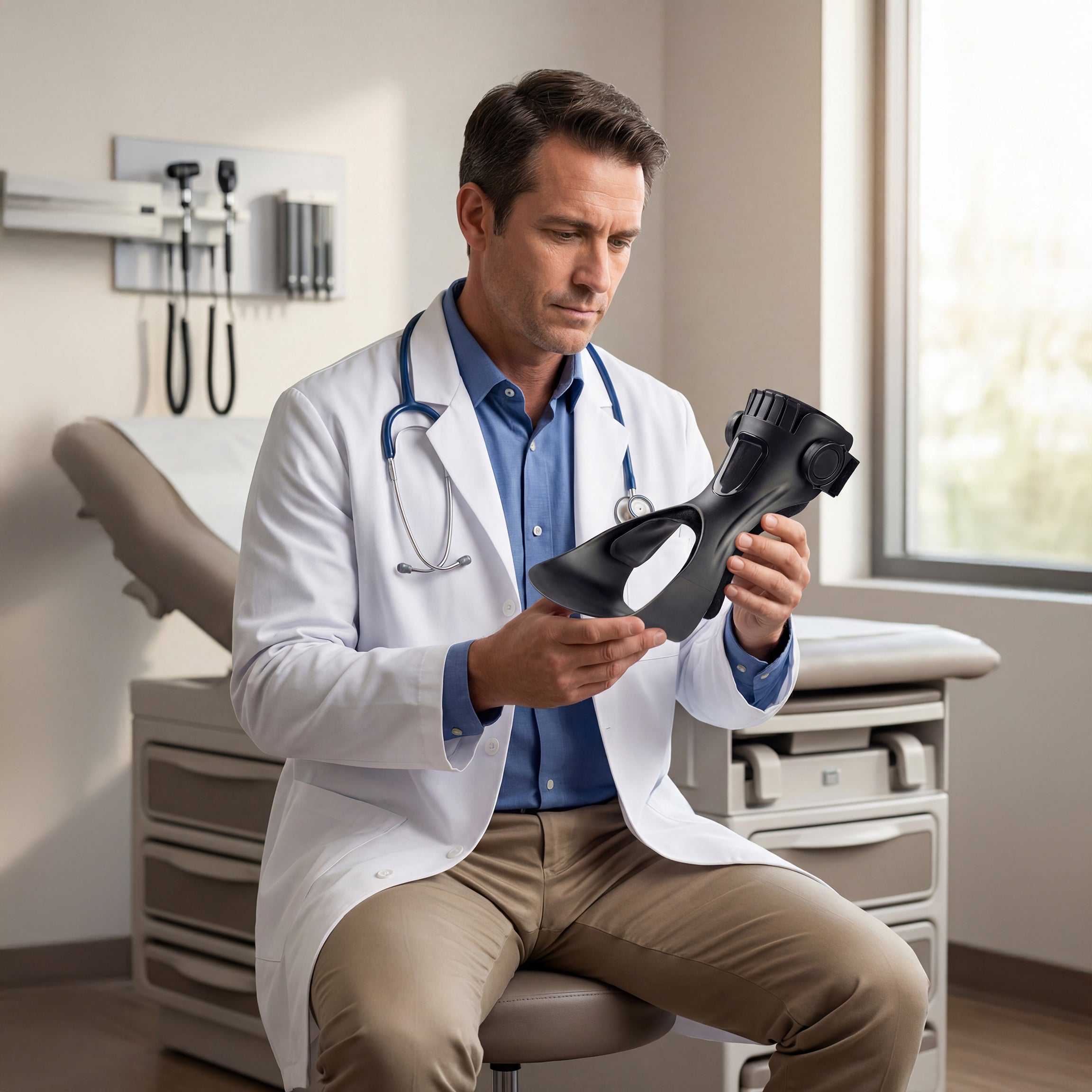 Clinician examining a foot drop brace