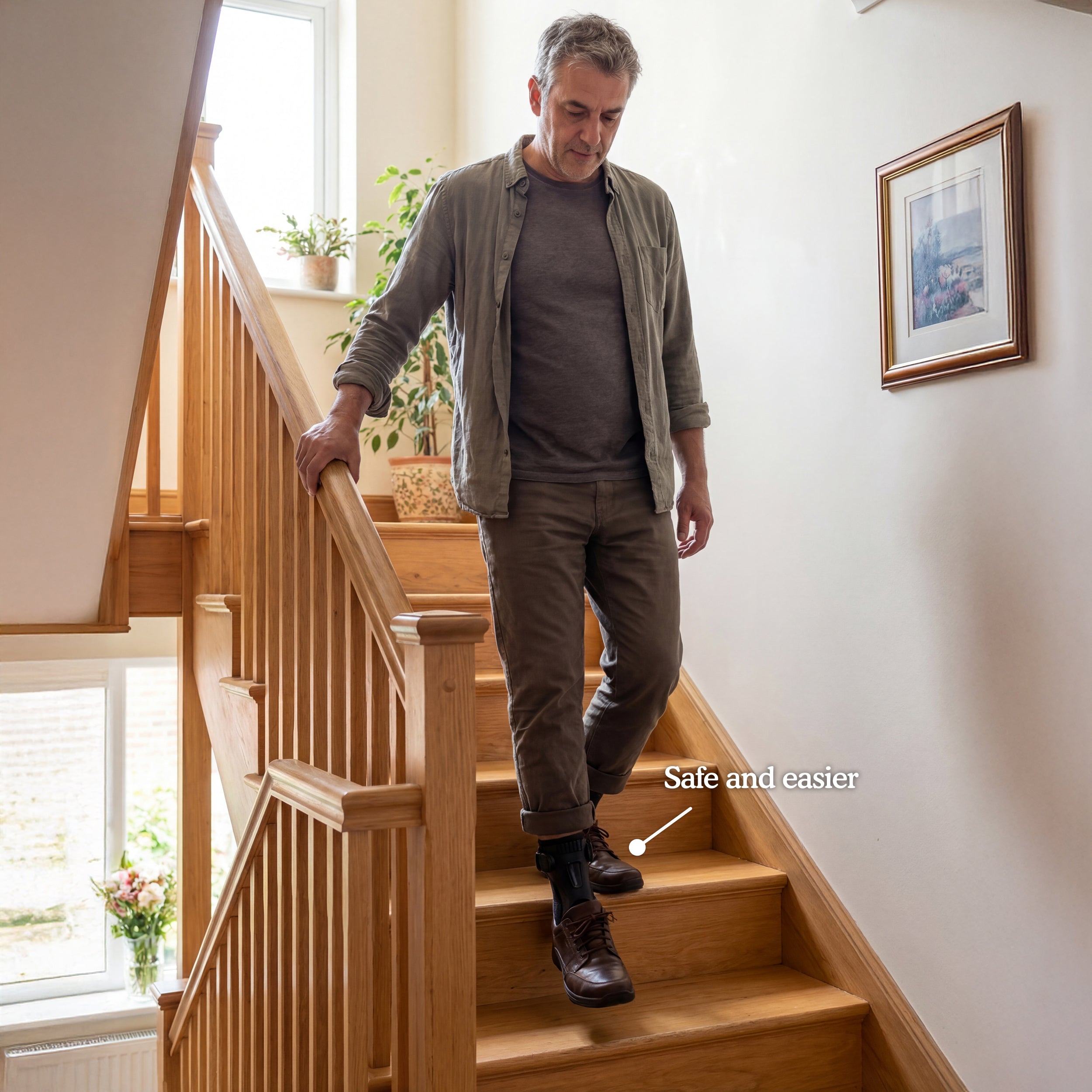 Person wearing brace on stairs
