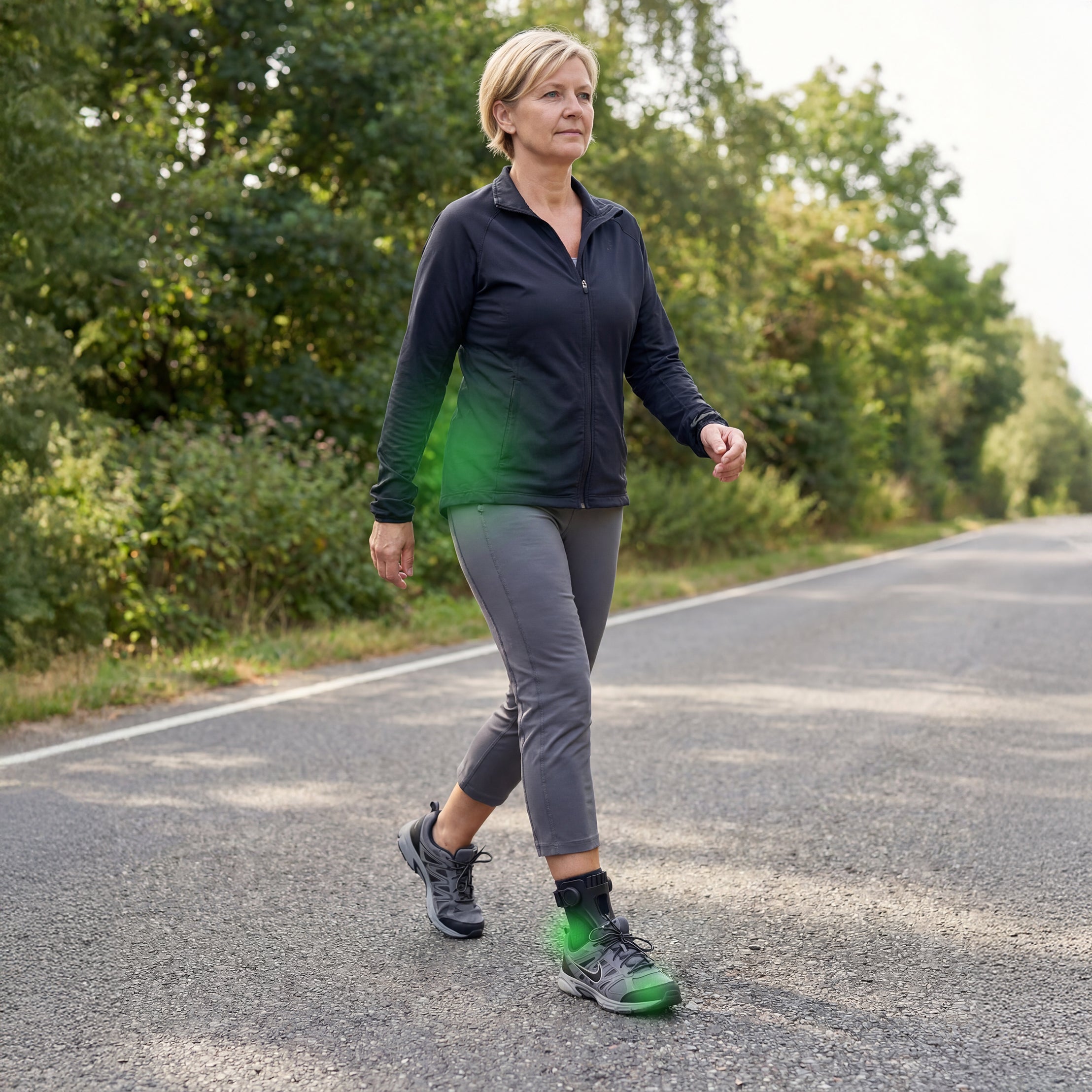 Woman walking outdoors wearing the brace